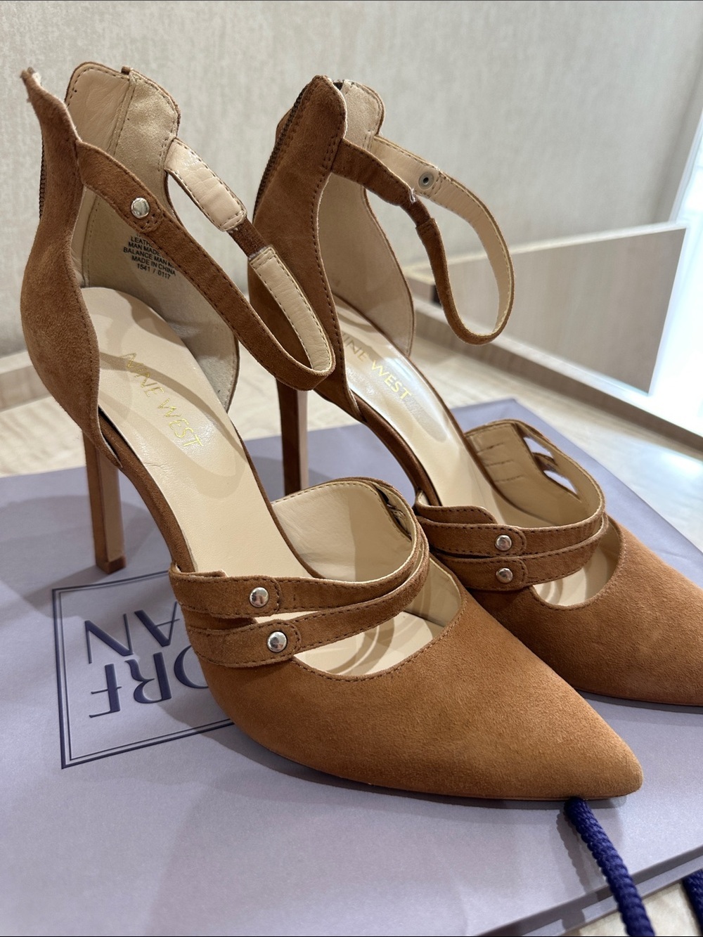 Nine West Tan Suede Pointed-Toe Double Strap Heels - Picture 4 of 6